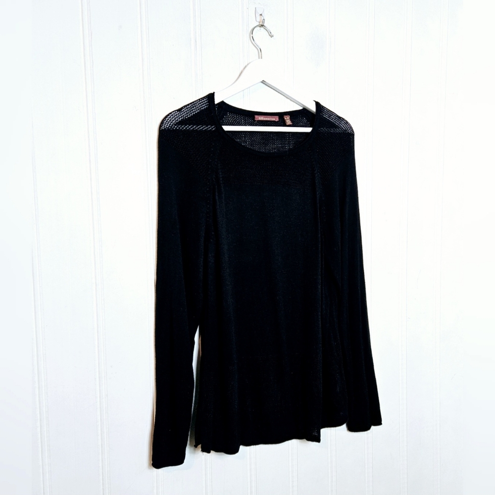 525 America Sweater XL Open Knit Mesh Sheer Panel Crewneck Lightweight Top Black